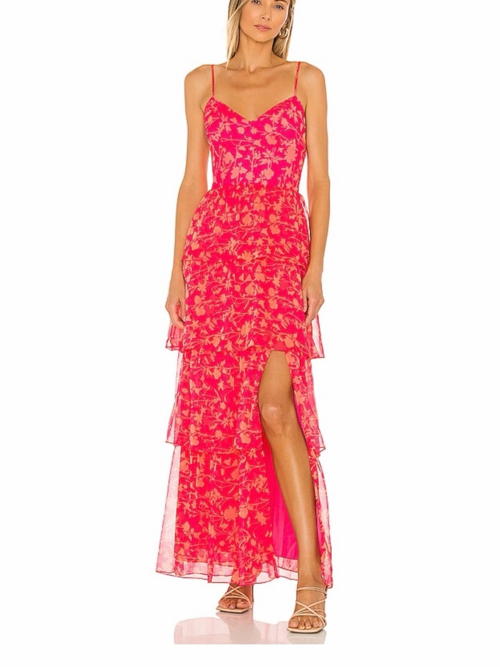 Amanda Uprichard Thadea Maxi Pink/Orange Floral Tiered Ruffle Maxi Dress